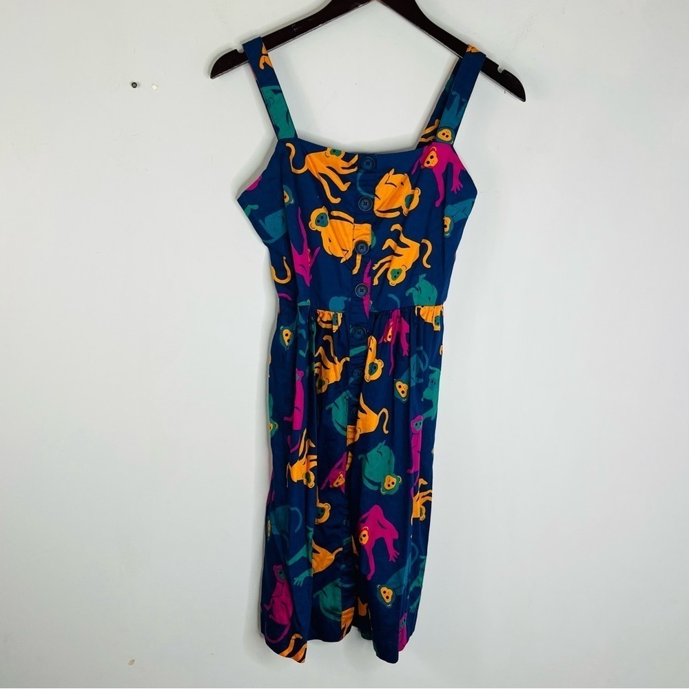 Modcloth Size 4 Novelty Print Blue Monkey Twee Button Front A-Line Cotton Dress